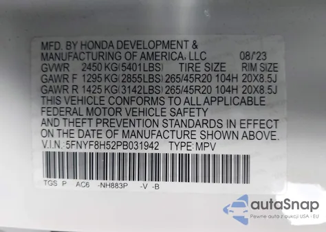 2023 Honda Passport Awd Ex-L z USA, uszkodzony, nr VIN 5FNYF8H52PB031942